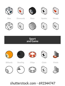 Set of isometric icons in otline style, colored and black versions, vector symbols - Sport and game collection