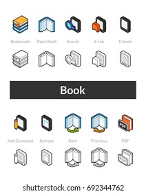 Set of isometric icons in otline style, colored and black versions, vector symbols - Book collection