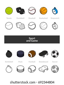 Set of isometric icons in otline style, colored and black versions, vector symbols - Sport and game collection