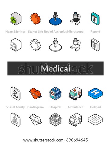 Set of isometric icons in otline style, colored and black versions, vector symbols - Medical collection