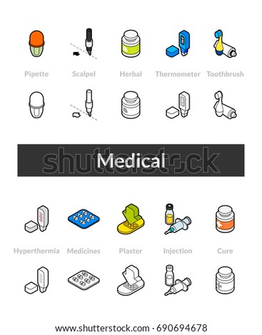 Set of isometric icons in otline style, colored and black versions, vector symbols - Medical collection