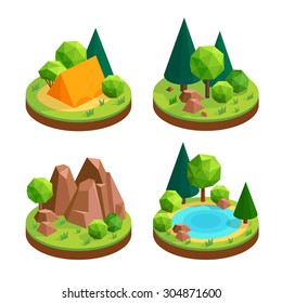 Set of isometric icons  outdoor recreation. Tent in the woods, forest, rocks, lake in the woods - Isometric icons.