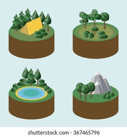 Set of isometric icons outdoor recreation with tent in the woods, forest, rocks, lake in the woods - vector