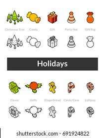 Set of isometric icons in outline style, colored and black versions, vector symbols - Holidays collection