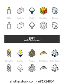 Set of isometric icons in outline style, colored and black versions, vector symbols - Baby and childhood collection