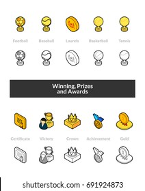 Set of isometric icons in outline style, colored and black versions, vector symbols - Winning, Prizes and awards collection