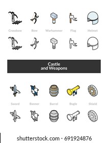 Set of isometric icons in outline style, colored and black versions, vector symbols - Castle and weapons collection