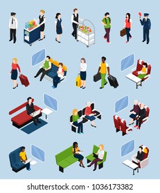 Set of isometric icons with passengers and crew, train interior elements isolated on blue background vector illustration  
