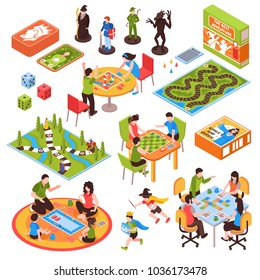 Set of isometric icons with people including adults and kids playing board games isolated vector illustration