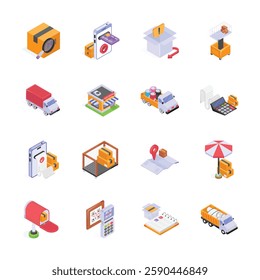 A set of isometric icons, representing different aspects of shipping and delivery.