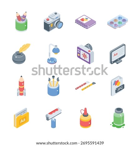 A set of isometric icons representing graphic design and art tools.