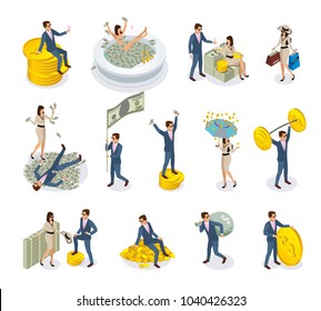 Set of isometric icons rich people with big money, during golden rain, expensive shopping isolated vector illustration  