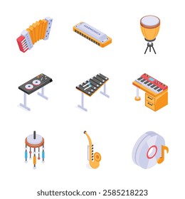 A set of isometric icons showcasing various musical instruments.