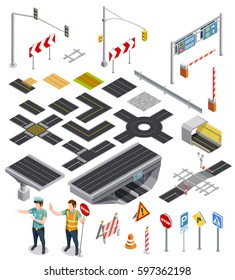  Conjunto de iconos isométricos que muestran elementos constructores de secciones de carreteras con marcas y señales de tráfico ilustración vectorial