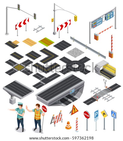  Set of isometric icons showing constructor elements of road sections with markings and traffic signposts vector illustration