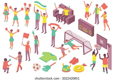 Set of isometric icons with soccer and basketball competitions and fans supporting athletes isolated vector illustration