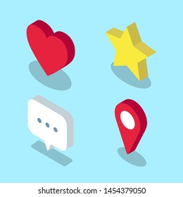 Conjunto de iconos isométricos como el corazón, la estrella, el mensaje de texto y la ubicación geográfica. - Vector