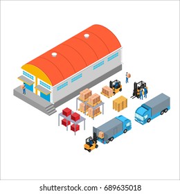 A set of isometric icons, transportation for cargo and a loader with boxes