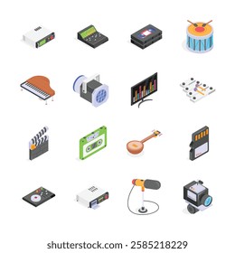 A set of isometric icons of various music, film, and audio equipment.