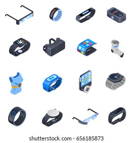 Set of isometric icons with wearable technology including watches, augmented reality glasses, smart clothing isolated vector illustration   