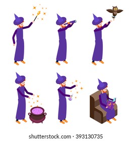 Set of Isometric icons wizard in different poses. Wizard isolated on white background. Vector illustration.