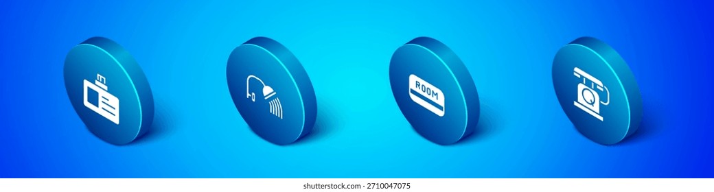 Set Isometric Identification badge, Hotel key card, Telephone handset and Shower head icon. Vector