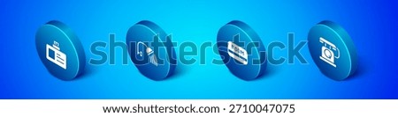 Set Isometric Identification badge, Hotel key card, Telephone handset and Shower head icon. Vector