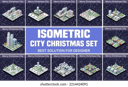 Set isometric illustration of a city based on three-dimensional projection of houses, buildings, cars, and other design elements. It is a Christmas 3d house in the winter forest.