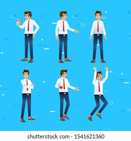 set isometric illustration of man as office worker, wearing white shirt, red tie, blue pants and shoes with different gesture, blue background. businessman doing activity in the office or presentation