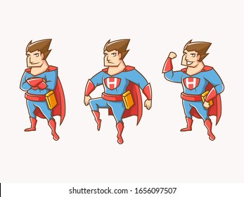 set isometric illustration of super hero male with different pose. super hero with big letter in his chess. used for icon, character, mascot and other.
