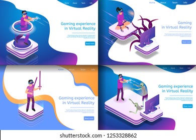 Set Isometric Illustration Virtual Entertainment. Banner Set Image Future Gaming in Virtual Reality. Group People Playing Video Game with Glasses for Virtual Reality. Playgrounds Future