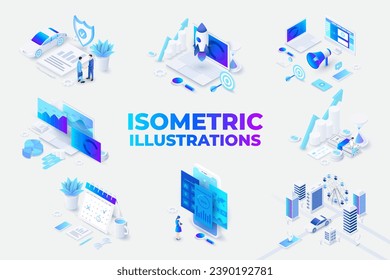 Satz von isometrischen Illustrationen mit Zeichen für die Landung, Werbung oder Präsentation. Datenanalyse, Management, SEO, Planung und Start-Business