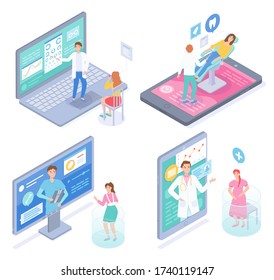 Set of isometric illustrations. Concept of online medical treatment. Consulting with doctors in internet, website, mobile app. Oculist, dentist, physician, surgeon consult patients with health