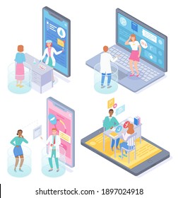 Satz von isometrischen Illustrationen. Konzept der Online-medizinischen Behandlung. Beratung mit Ärzten im Internet, Website, Videoanruf, mobile App. Ärztin, Therapeutin berät Patienten mit gesundheitlichen Problemen
