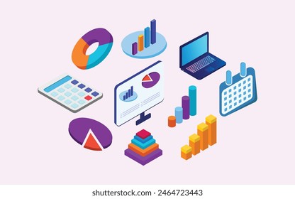 Set Isometric illustrations contain Bar, Chart, Graph, Calendar, Laptop, Calculator, etc. Vector isometric design elements for business marketing.