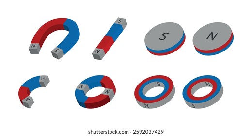 A set of isometric illustrations of different types of magnets: horseshoe, bar, disk and toroidal.