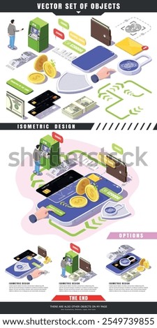 a set of isometric illustrations, a man withdrawing cash from an ATM, withdrawal and transfer operations