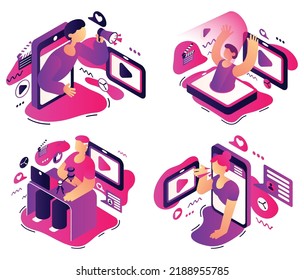 A set of isometric illustrations with people involved in the creation, processing and broadcasting of content. The concept of the professional activity of a blogger, marketer, influencer. Vector.