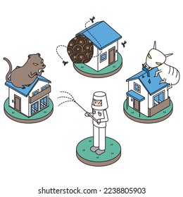 A set of isometric illustrations for pest control (mouse, bee, termite).