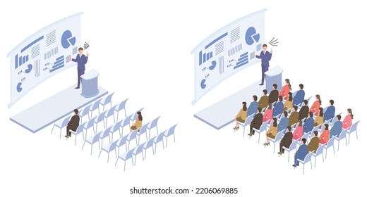 A set of isometric illustrations of popular and unpopular business seminars.