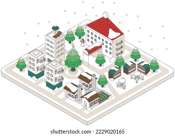 Un conjunto de ilustraciones isométricas de una ciudad nevada con un árbol de Navidad.