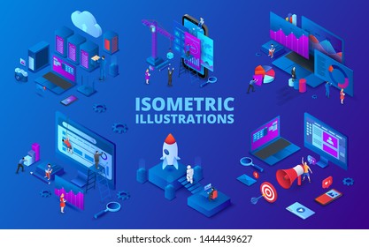 Conjunto de ilustrações isométricas. Inicialização, marketing digital, análise de seo e tecnologia em nuvem. Fundo azul escuro.