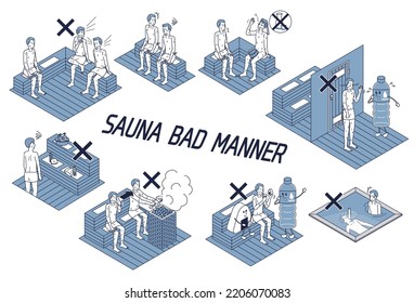 It is a set of isometric illustrations that summarizes etiquette violations in the sauna.