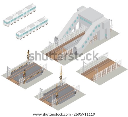 A set of isometric illustrations of train tracks, level crossings, and railway elements, inspired by Japanese train stations.