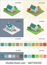 Set of isometric image of a private house. In a flat style. A collection of houses in the suburbs at times of the year with color numbers.