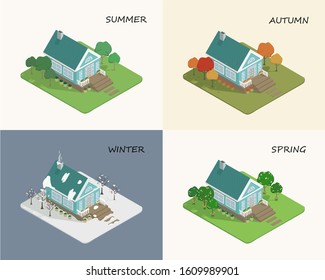 Set of isometric image of a private house. In a flat style. A collection of houses in the suburbs during the seasons. 