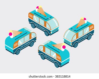 Set isometric with the image of vans of blue color with waffle cone with ice cream balls on a roof on delivery and sale