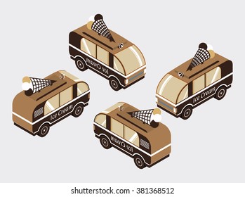 Set isometric with the image of vans of brown color with waffle cone with ice cream balls on a roof on delivery and sale
