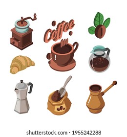 Set of isometric images, coffee, coffee grinder, coffee cup, espresso, croissant, coffee pot.