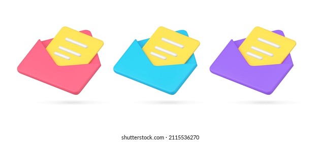 Set of isometric incoming or sending paper envelope with yellow letter text document 3d icon vector illustration. Collection cyberspace email information internet notification reminder postal blank